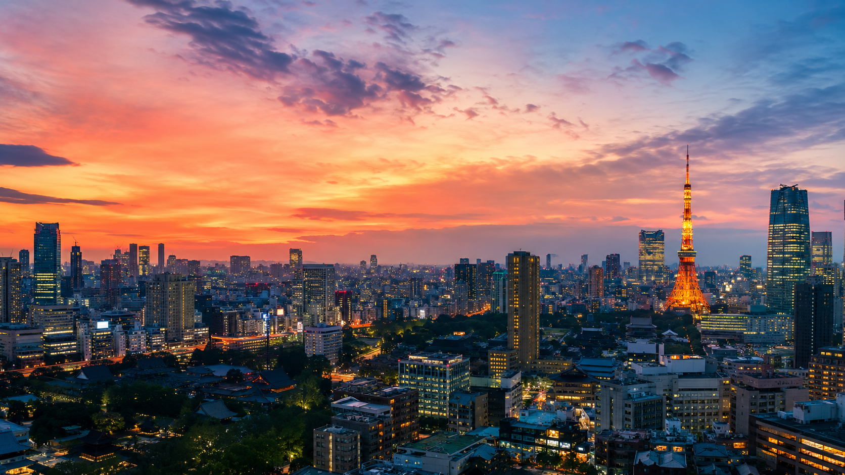 Tokyo skyline and Tokyo Tower glowing at sunset